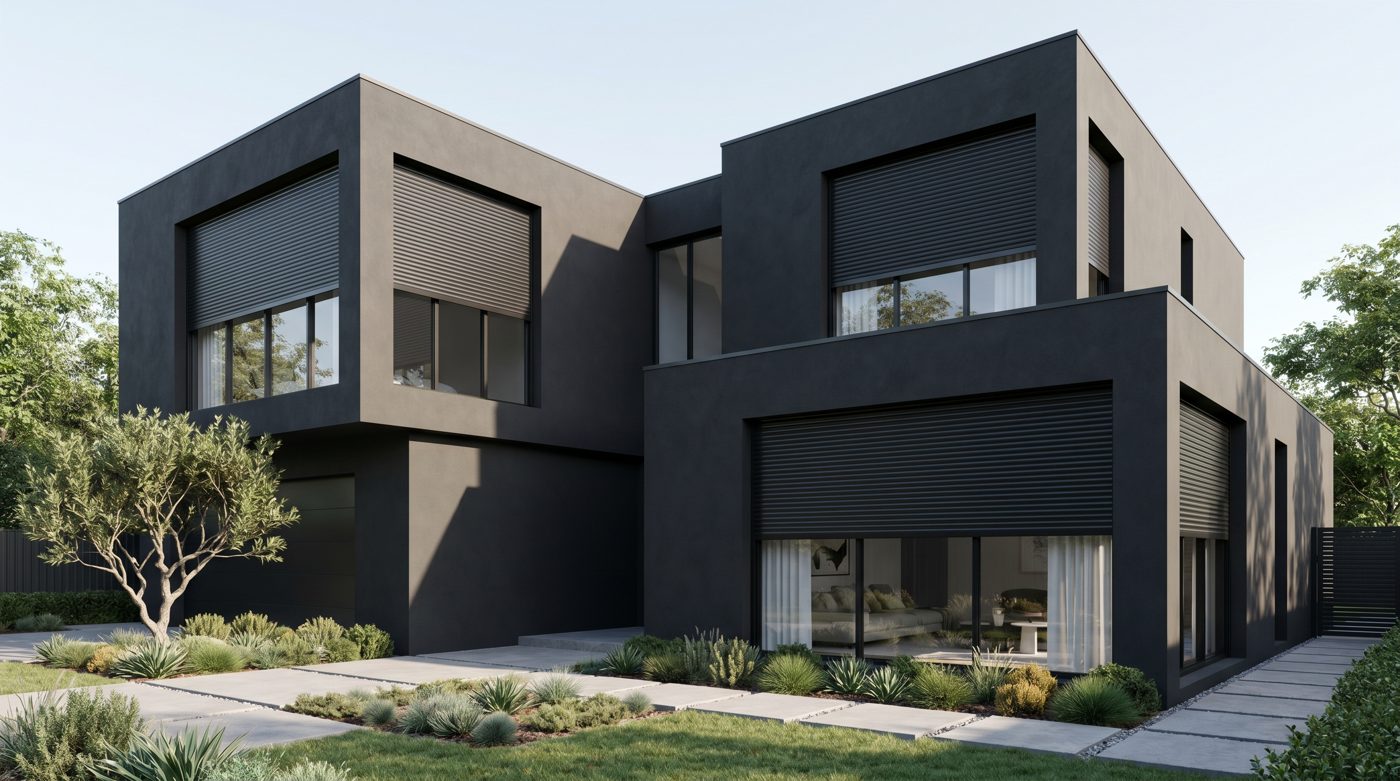 Black-facade home with automated roller shutters