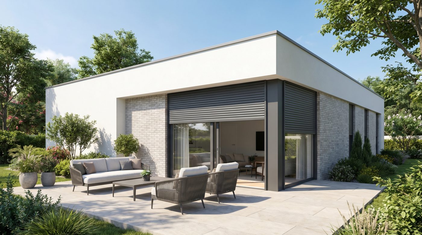 Modern villa terrace with automated roller shutters