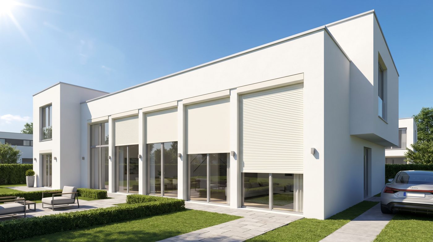 White modern villa with roller shutters