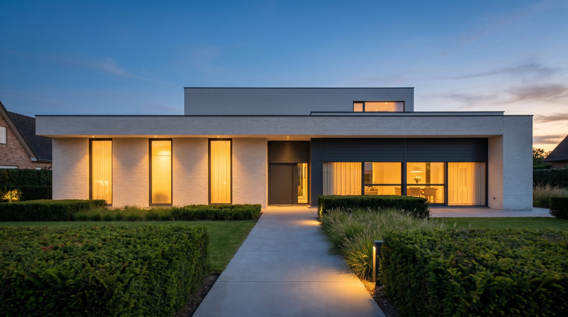 Modern villa at dusk with automated roller shutters