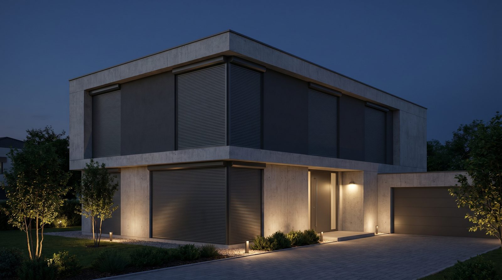 Automated roller shutters on a modern home at night
