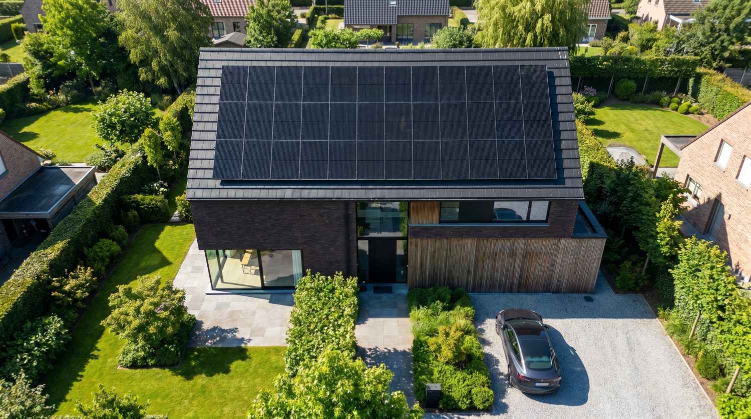 Aerial view of a residential rooftop solar installation