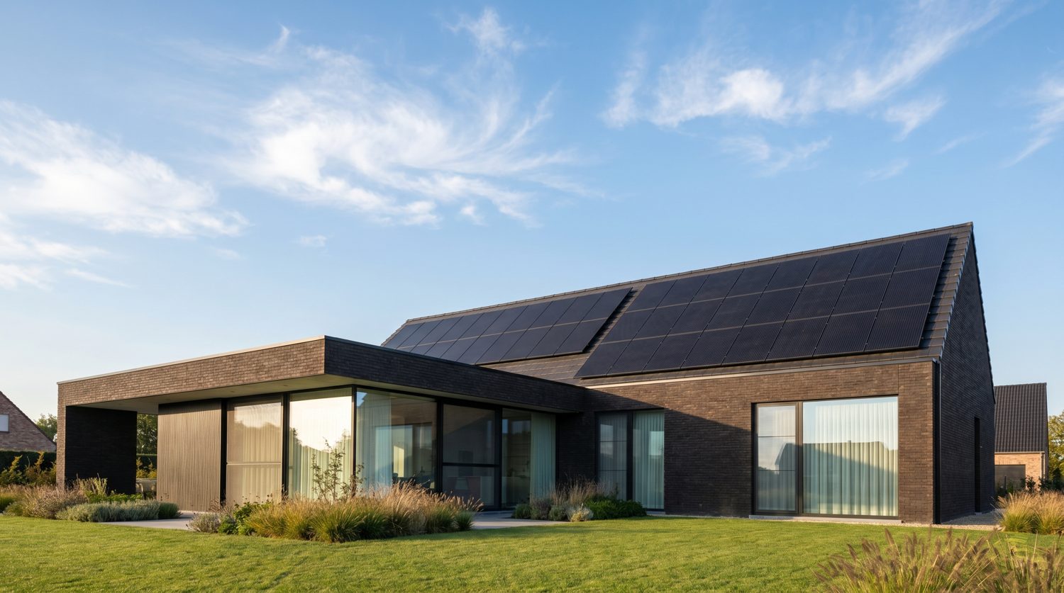 Modern villa with a full rooftop solar array