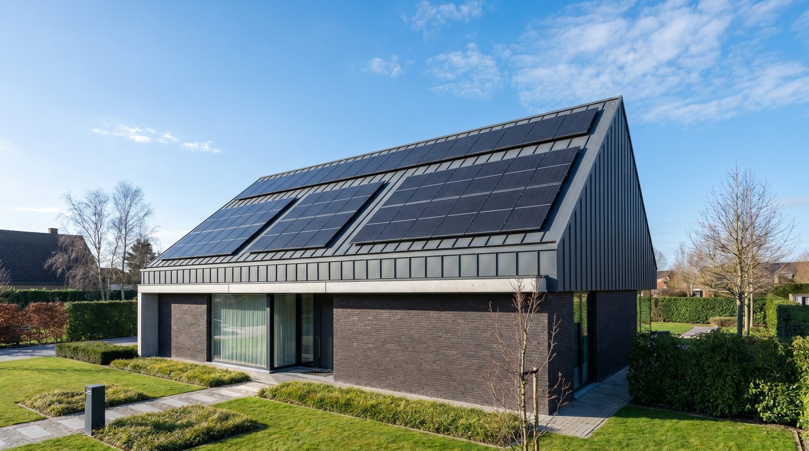 Sleek black solar panels on a modern home roof