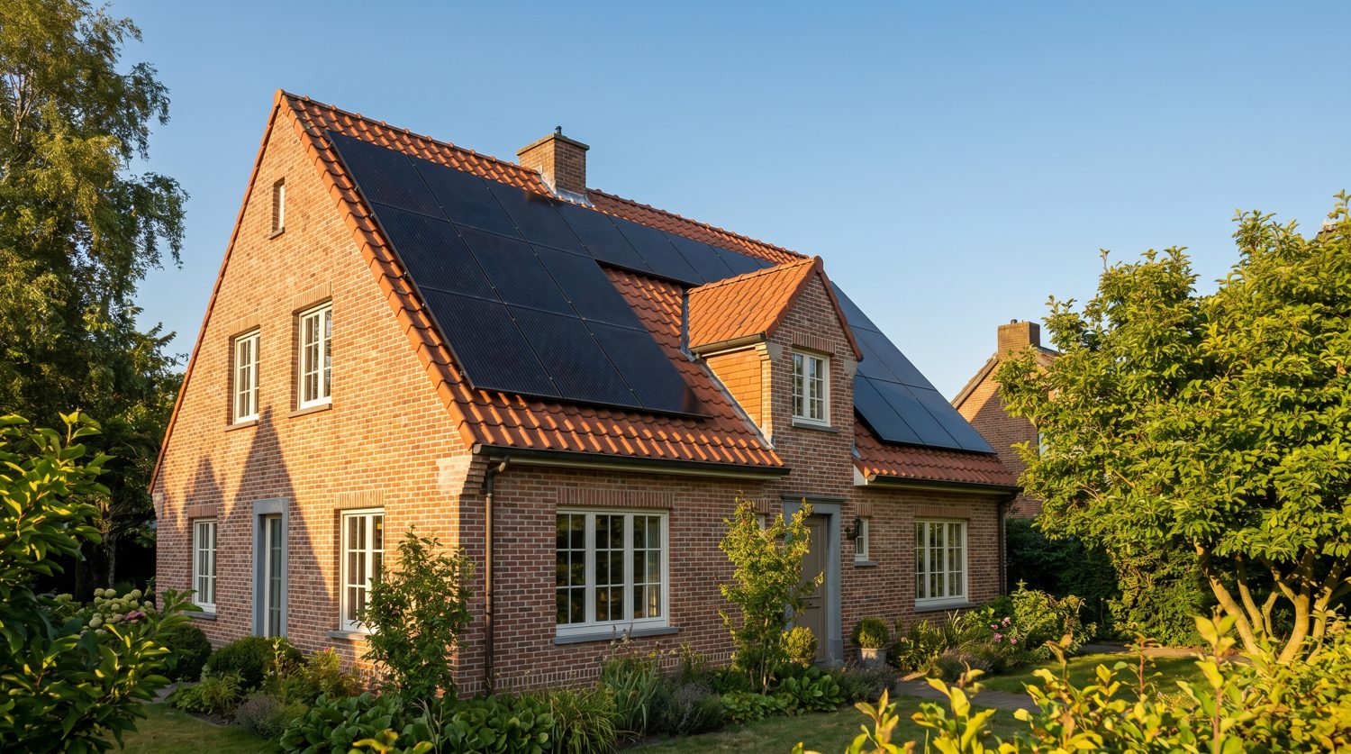 Black solar panels on a Belgian tiled-roof home